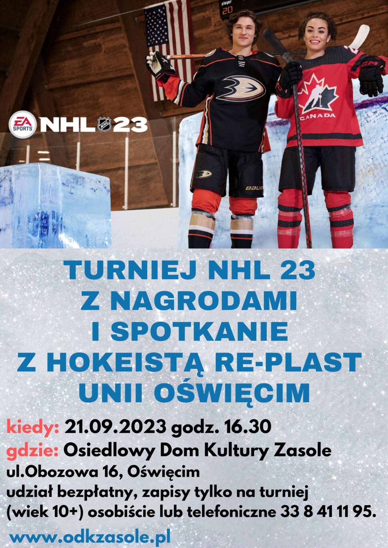 dwóch młodych hokeistów znajdujących się na lodowisku,trzymających hokejki ,zaproszenie do udziału w turnieju