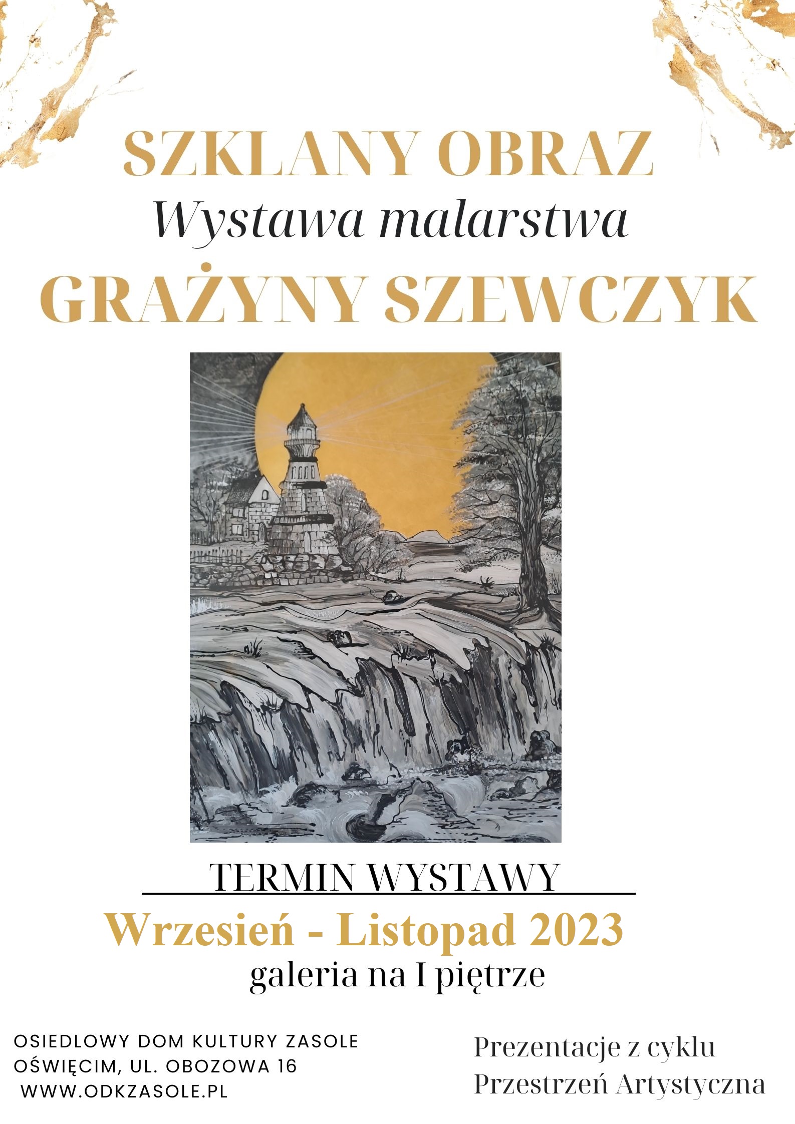 Plakat z pracą autorki wysatwy ukazujący budynek nad urwiskiem