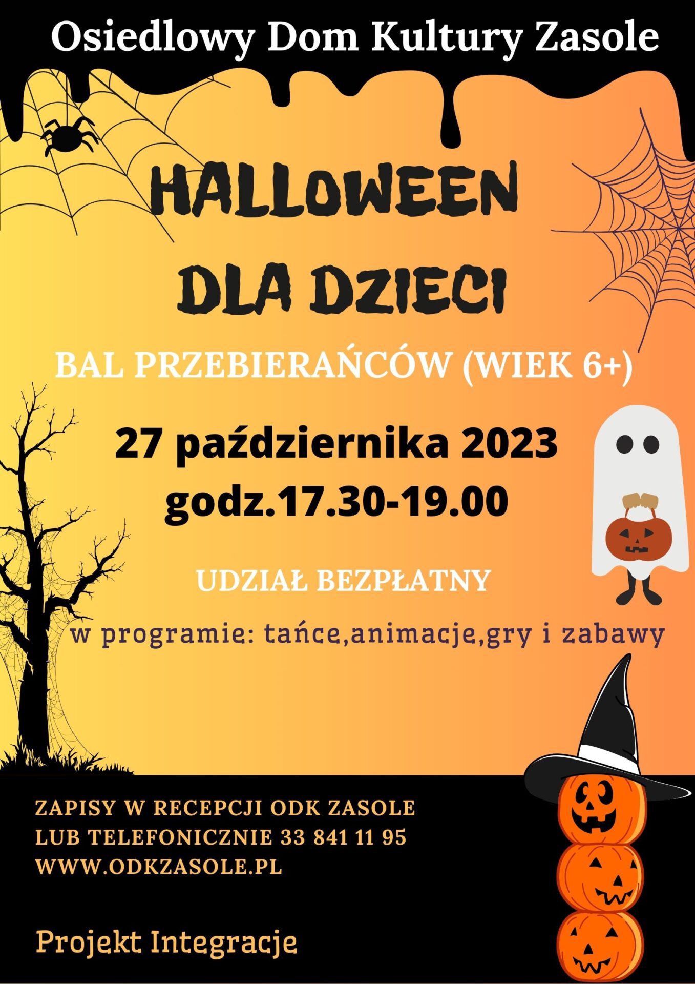 Na zdjęciu dominuje kolor czarny i pomarańczowy oraz znajdują się elementy związane z halloween np. duch,dynie,pająk.