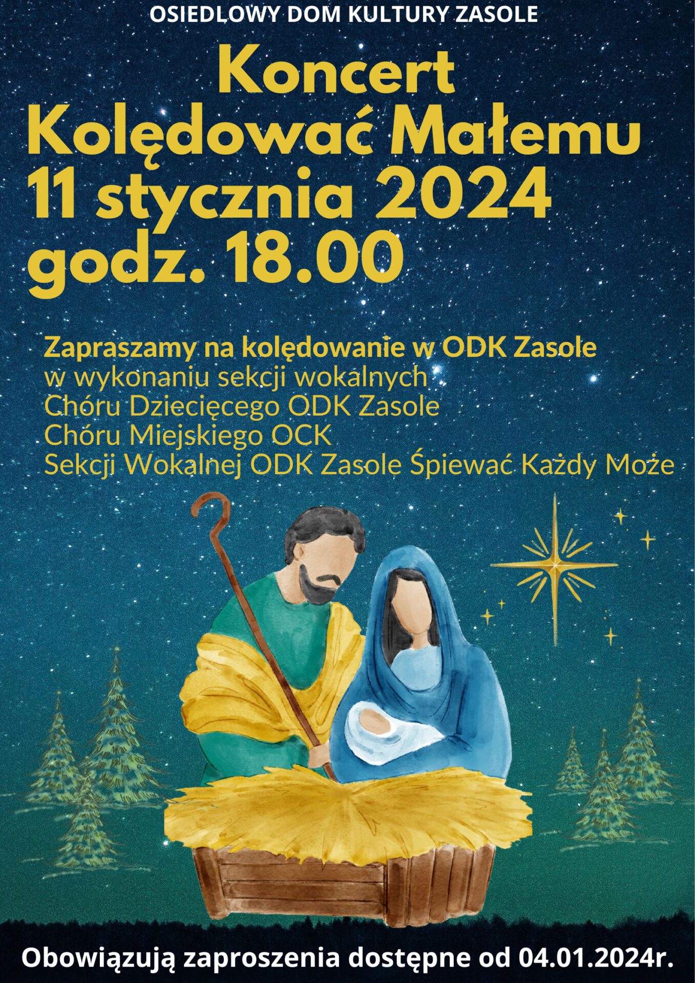 Plakat z informacją o koncercie , na środku Józef i Maryja i dzieciątko.