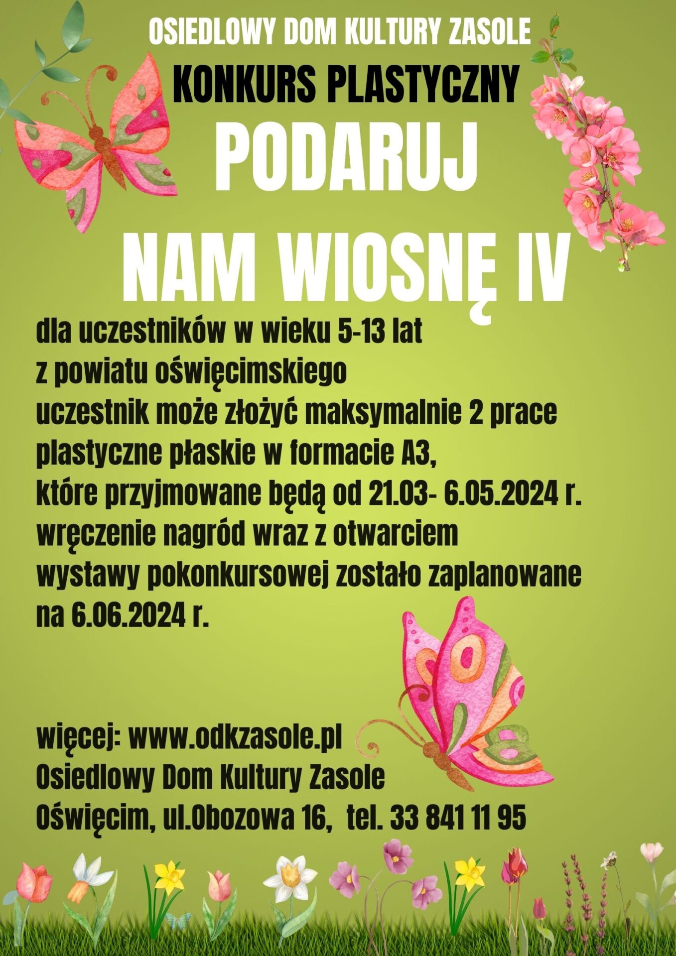 Wiosenny plakat w przewadze zieleni, z motylami z informacjami o konkursie plastycznym.