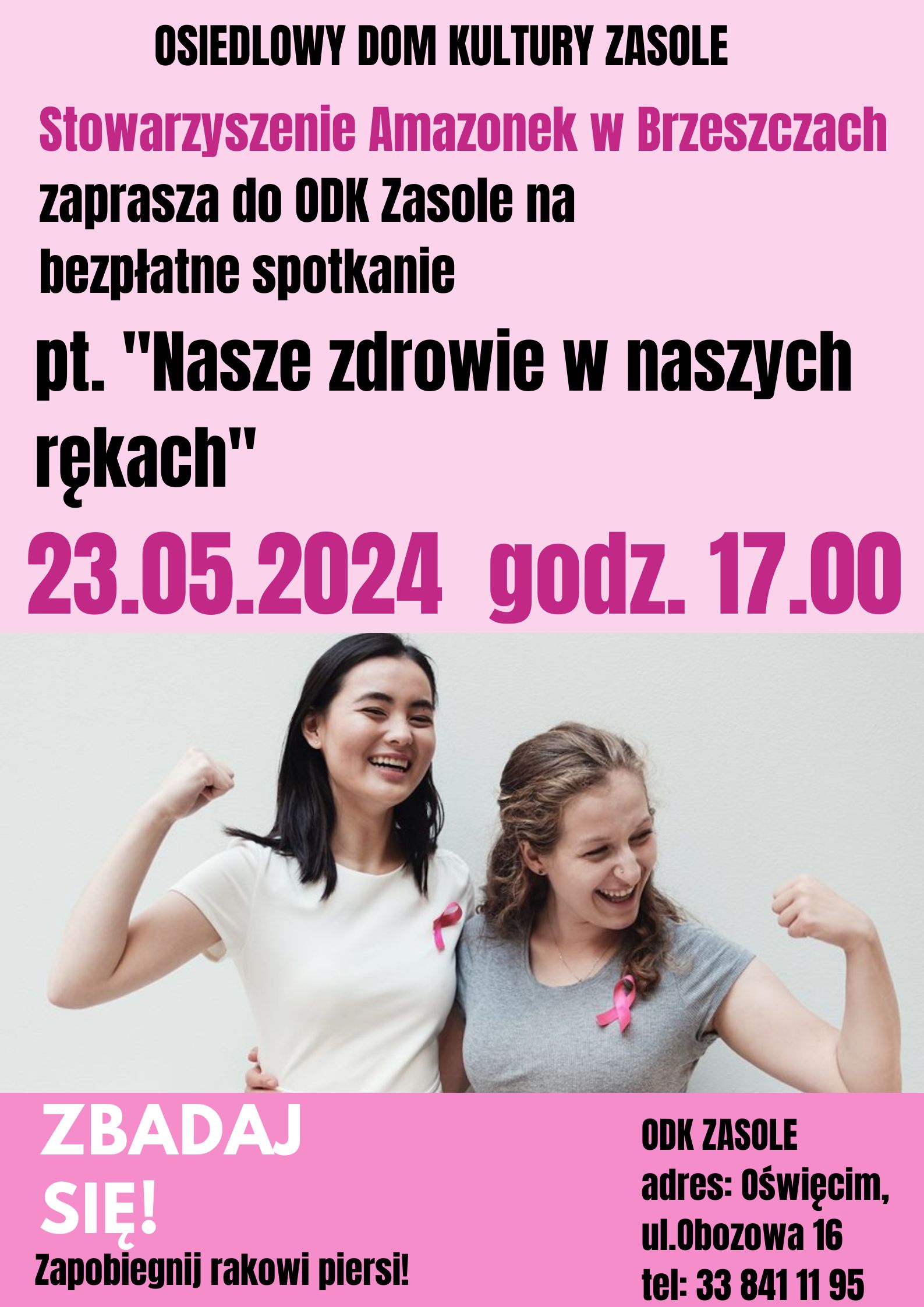 różowy plakat ze zdjęciem dwóch kobiet z różową wstążką i informacjami o spotkaniu.