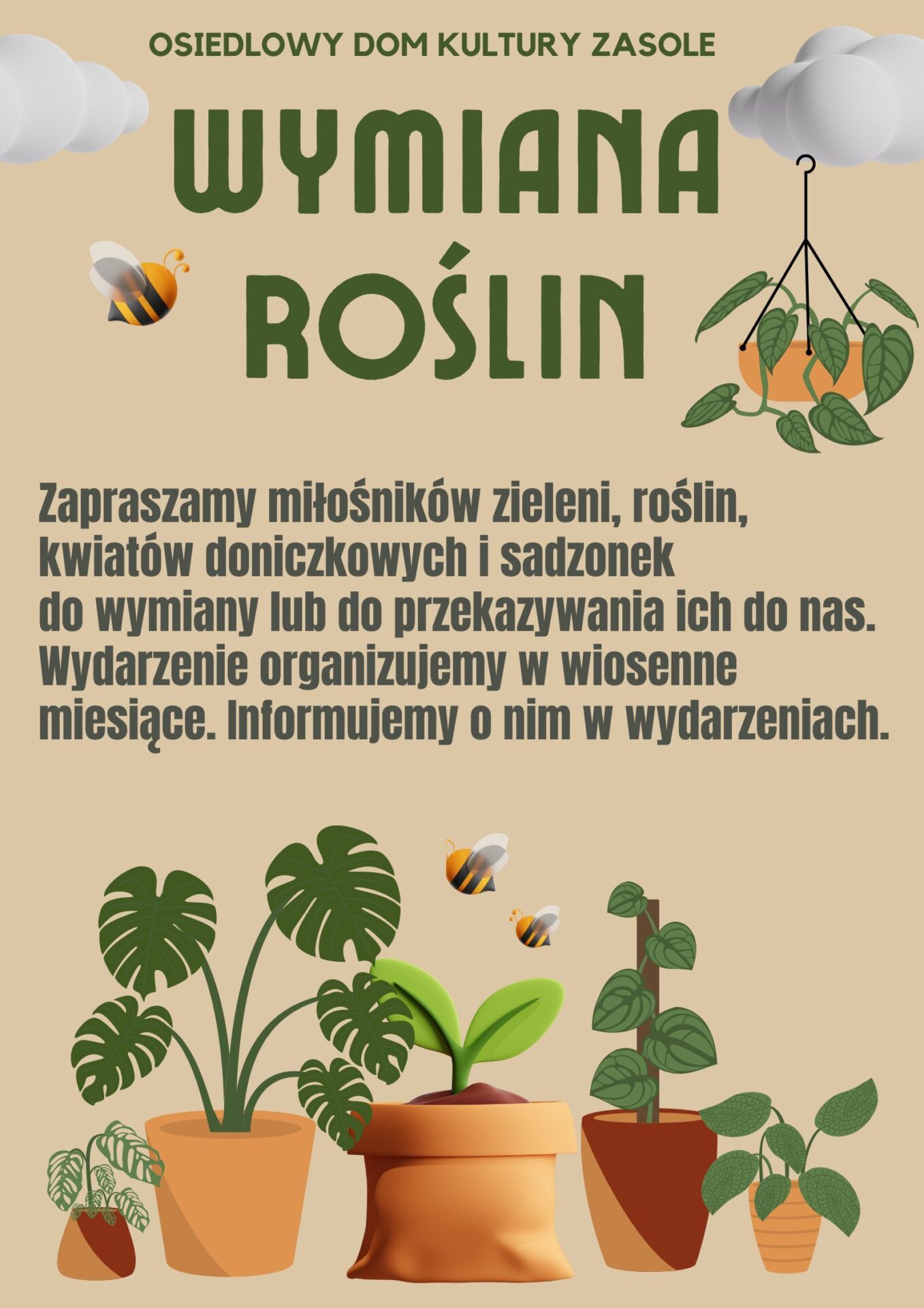 Na plakacie rośliny doniczkowe i informacje o wymianie roślin