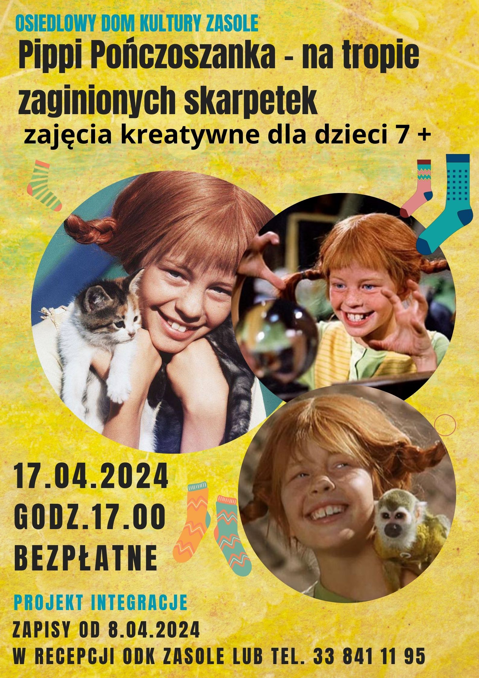 Na plakacie Pippi i skarpeki. I informacje o zajeciach