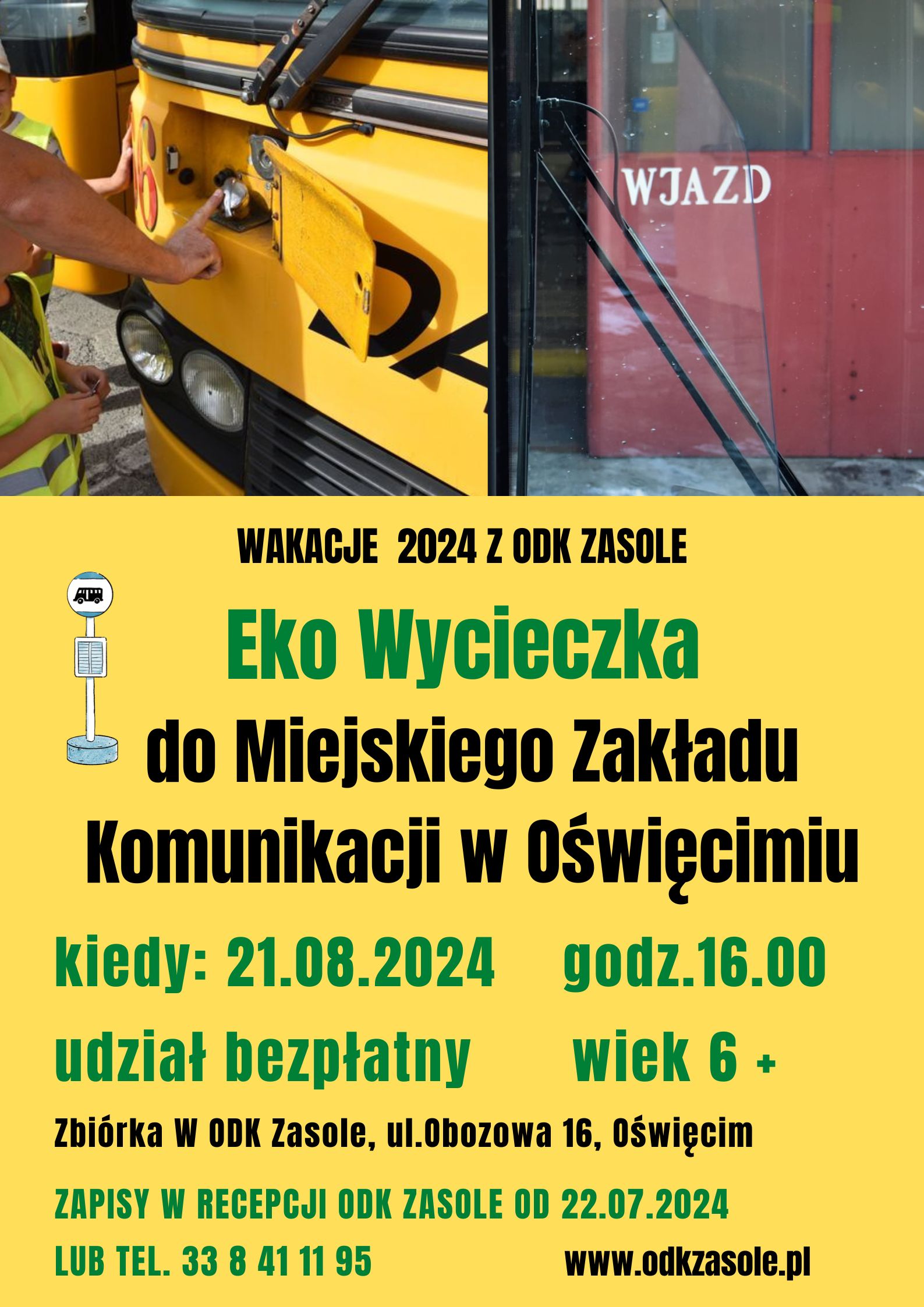 na plakacie zdjęcie autobusu i wjazdu do MZK i informacje o wycieczce