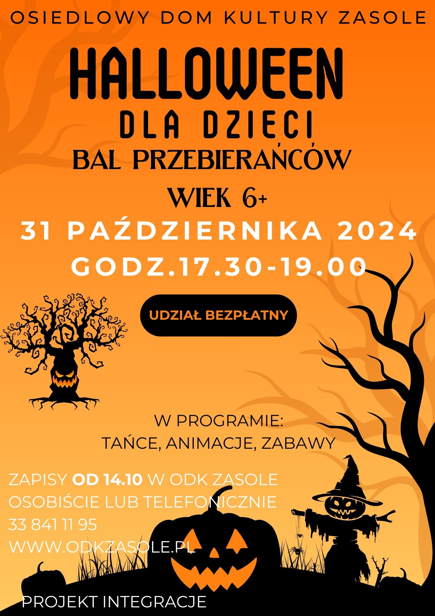 na plakacie znajdują się informacje o wydarzeniu oraz elementy związane z Halloween