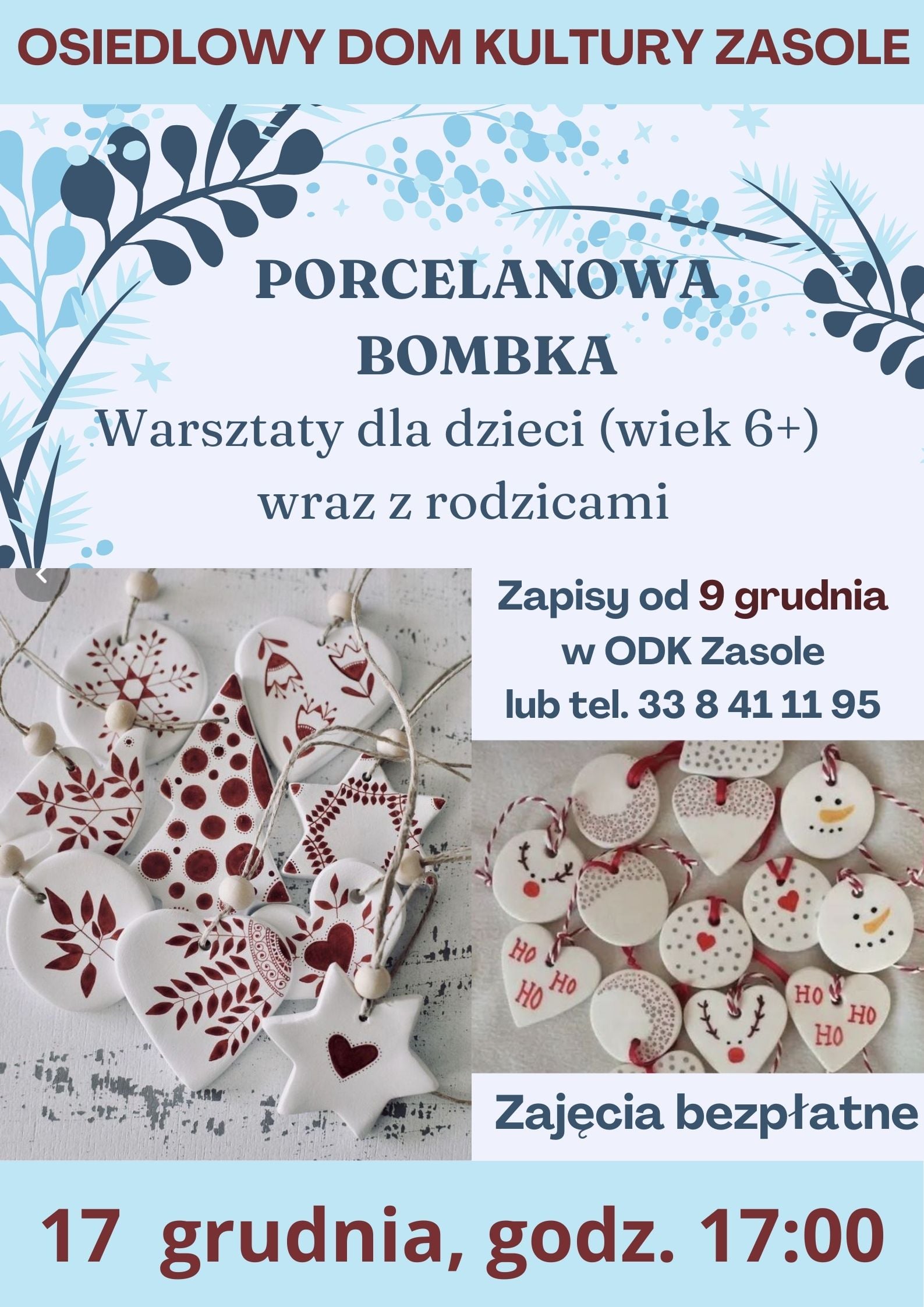 plakat z informacjami o warsztatach ręcznie robionych bombkach- na plakacie serduszka z białej porcelany