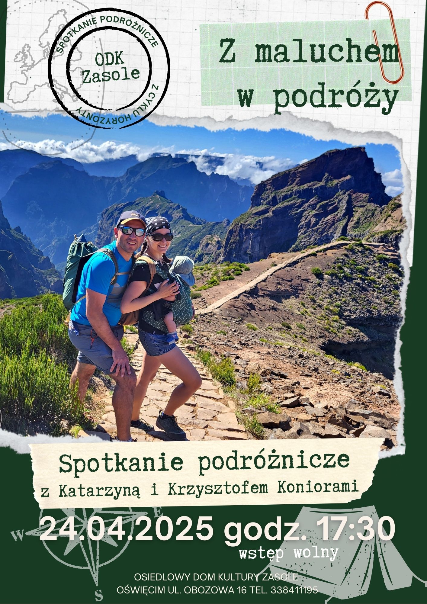 Plakat dotyczący spotkania podróżniczego, na którym Katarzyna i Krzysztof Konior z dzieckiem na szlaku górskim