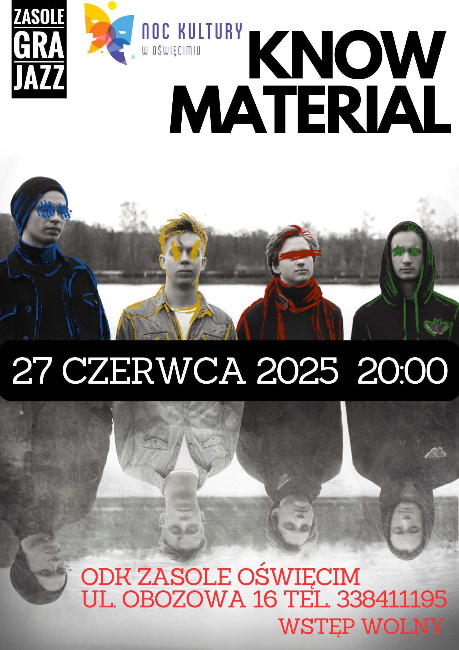 czarno-biały plakat z czterema członkami zespołu i dane o koncercie