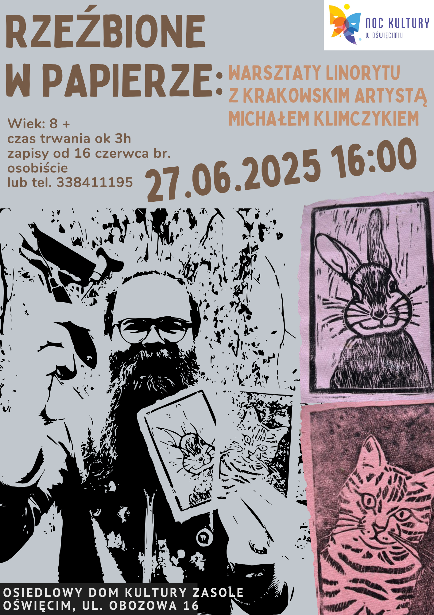plakat z informacjami o zajęciach z linorytu, człowiek z brodą trzyma w ręce kartki z grafiką z królikiem i kotem