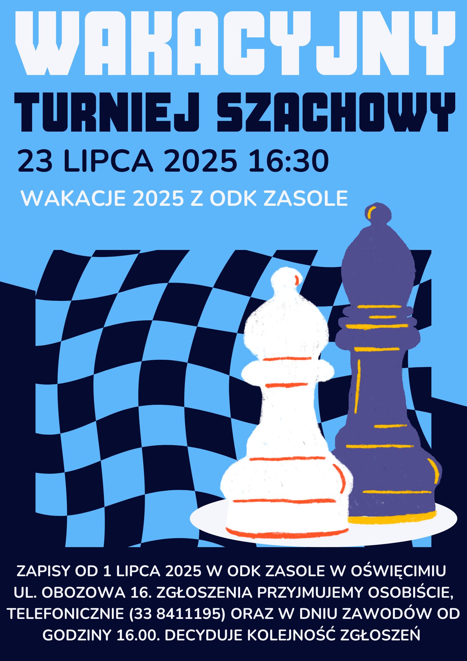 plakat z informacjami o turnieju szachowym, na którym widać dwie figury i szachownicę
