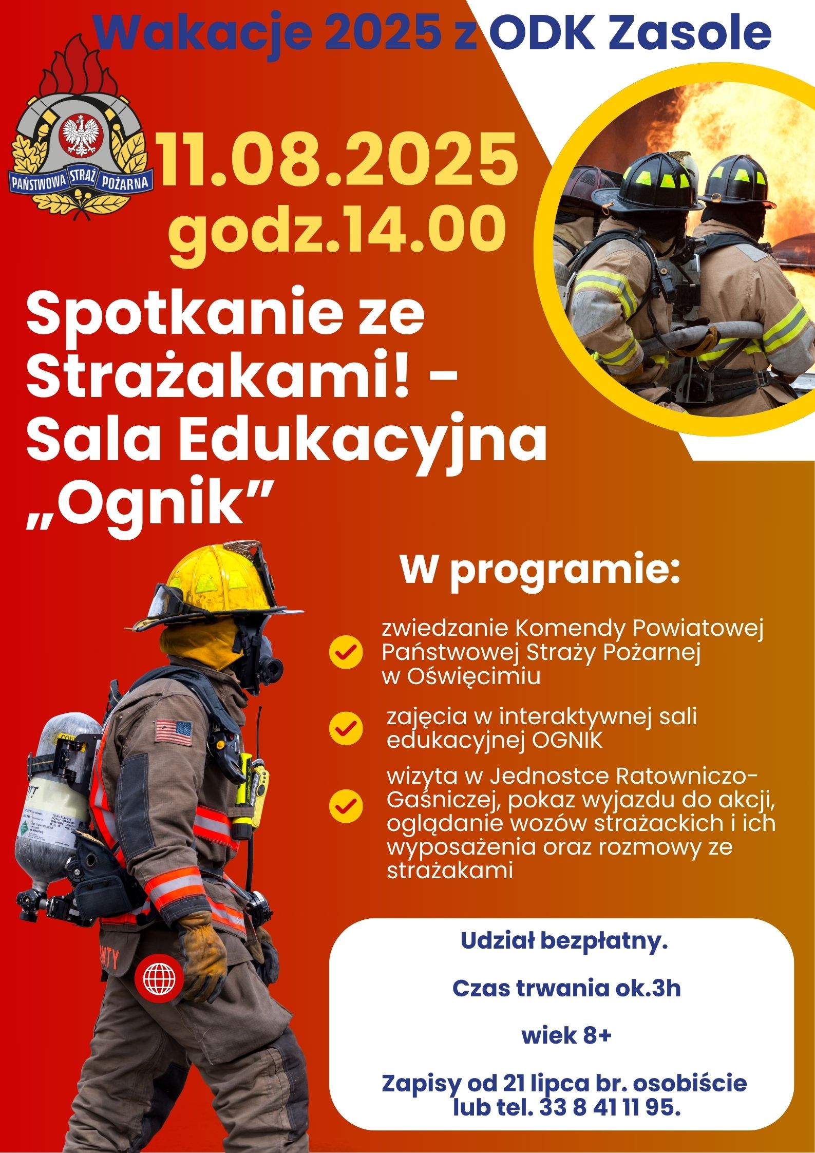 strażak w żółtym kasku i informacje na plakacie