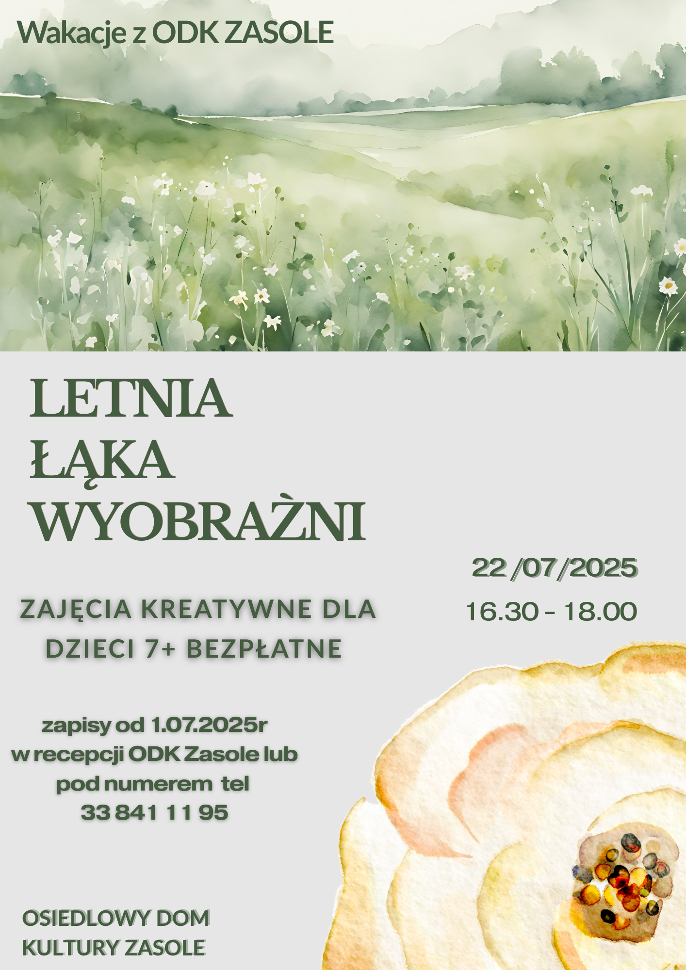 zielona łąka w pastelowych kolorach i informacje o zajęciach dla dzieci