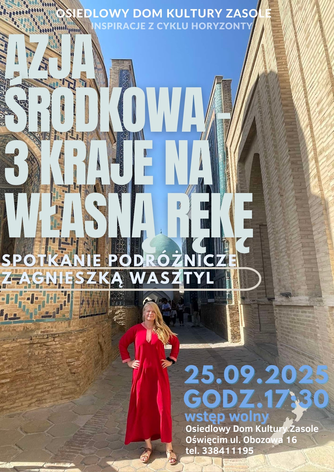 Agnieszka Wasztyl 25.09 kobieta w czerwonej sukience na tle azjatyckich budowli, informacje o spotkaniu