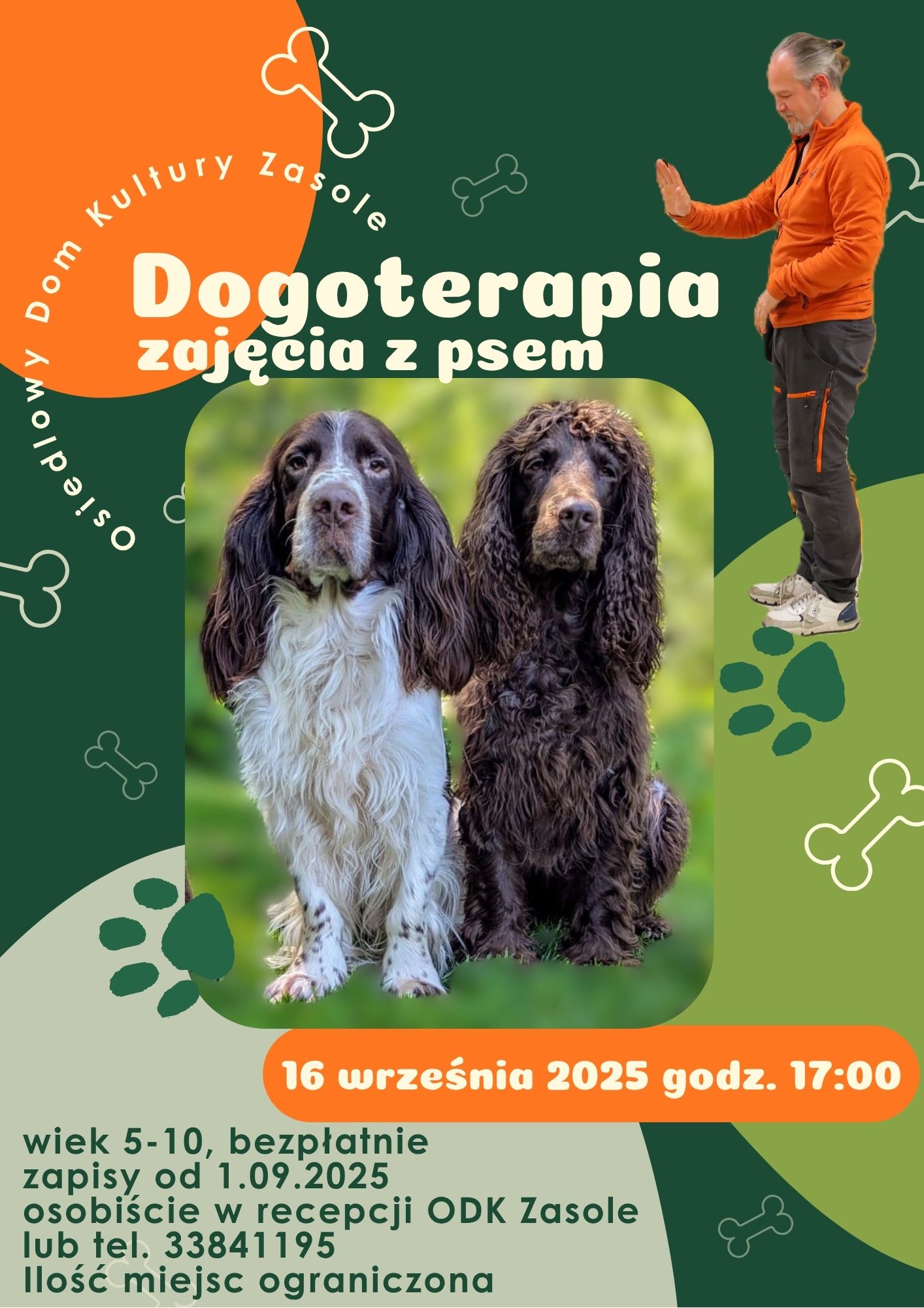 Dogoterapia dwa psy z trenerem, napis nazwy zajęć dogoterapia