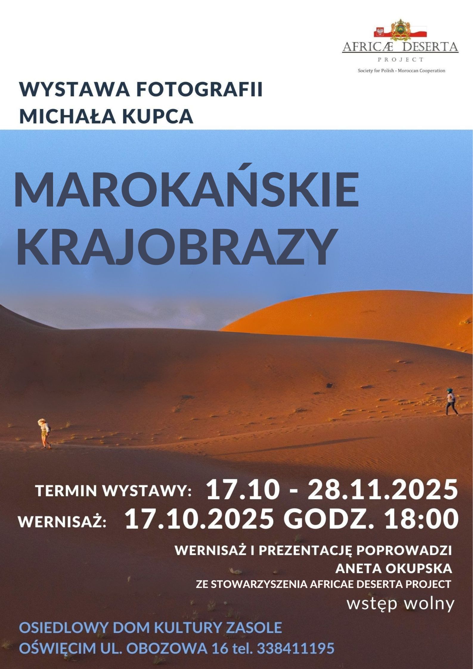 AMAZIGH(3) na plakacie znajdują się informacje o wystawie i wernisażu oraz fotografia pustyni