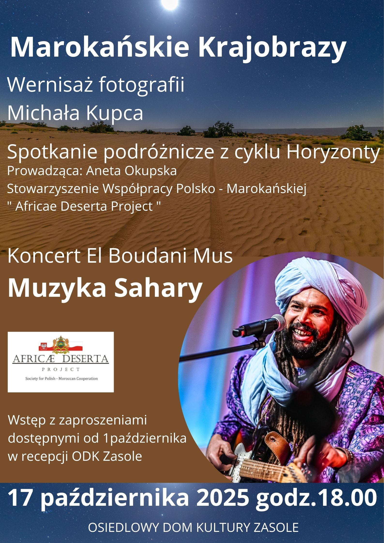 Koncert Muzyka Sahary Mustafy El(6) opis wydarzenia,zdjęcie pustyni,wokalista