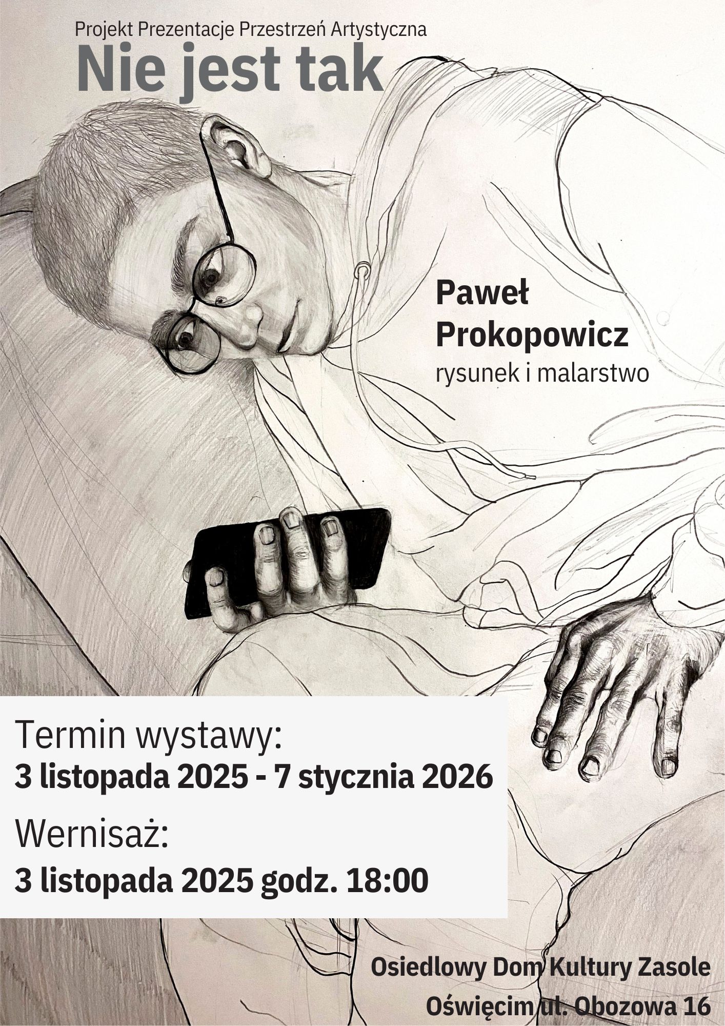 wystawa_Prokopowicz_3.11-7.01 rysunek leżącej postaci trzymającej w dłoni telefon