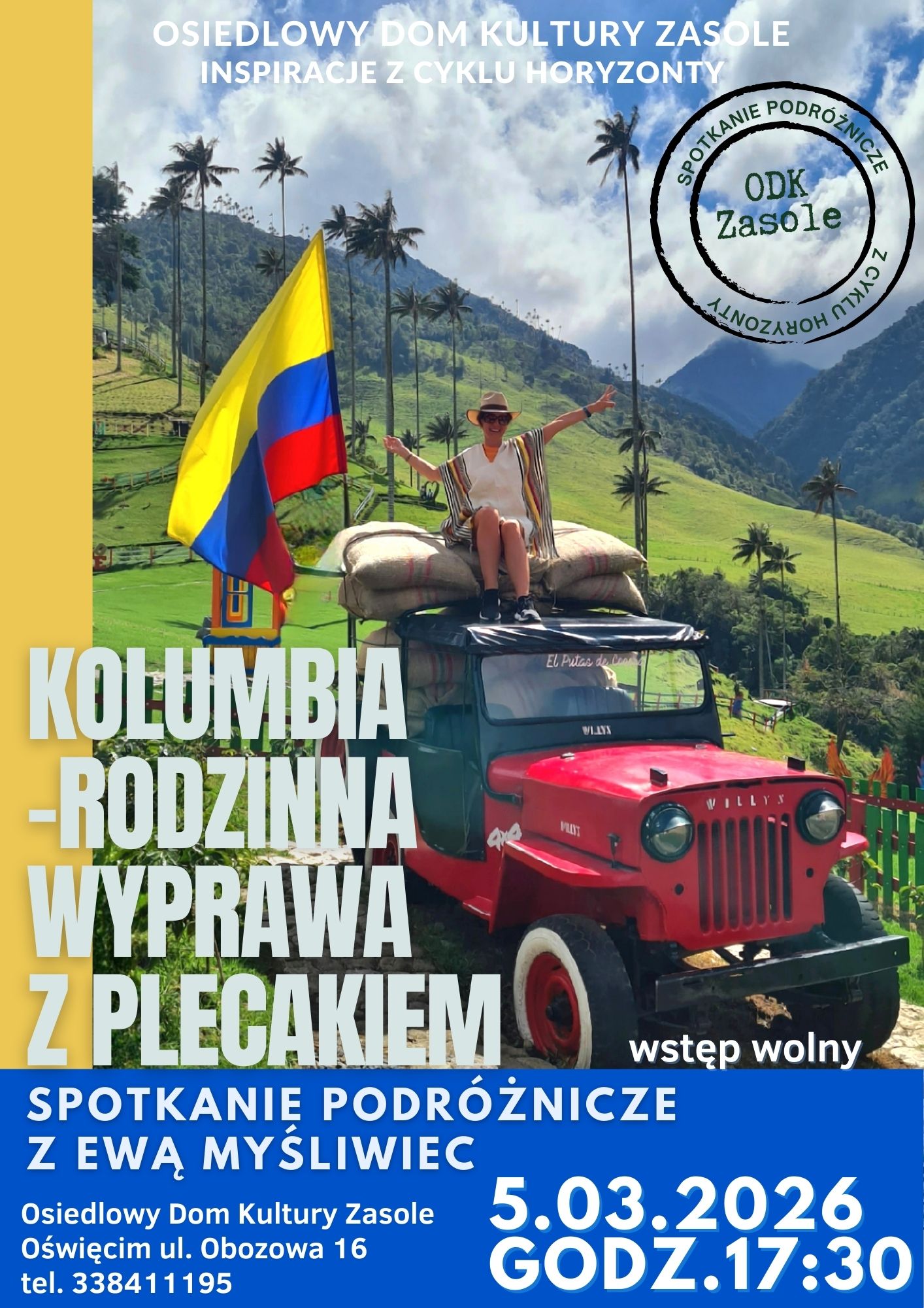 tekst alternatywny: kobieta na czerwonym samochodzie z flagą Wenezueli, w tle palmy i góry