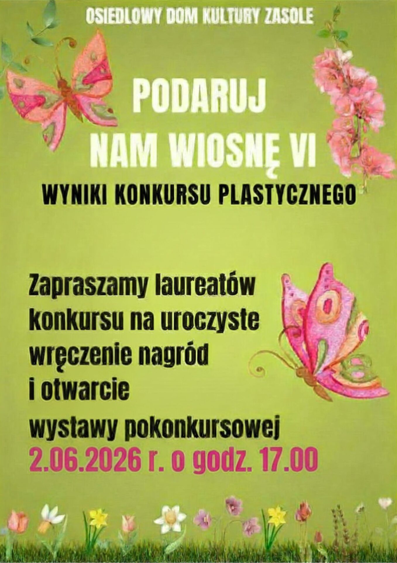 na plakacie znajduje się zaproszenie, motyle i kwiaty